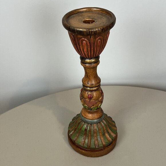 Carved Candle Holder Colorful Wood Slight Gold Tones 12” - Picture 8 of 12